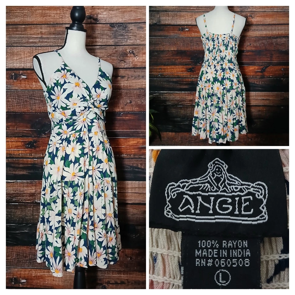 Angie Dress Size L Fit & Flare Twist Front Floral Rayon Smocked Tiered Cutout - Image 1 of 4