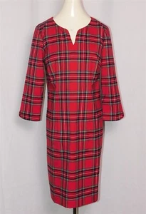 TALBOTS Womens Red Mountain Plaid Split Neck Long Sleeve Sheath Dress Sz 8 - Picture 1 of 6