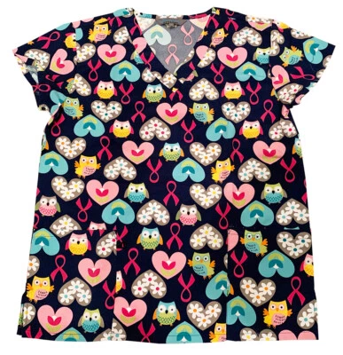 Womens Microfiber Medical Scrub Top Black Base Green Pink Gray Owls 1X - Image 1 of 2