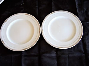 TIRSCHENREUTH  2 Dinner plates, multicolor blocks on gray band, gold trim, white - Picture 1 of 4