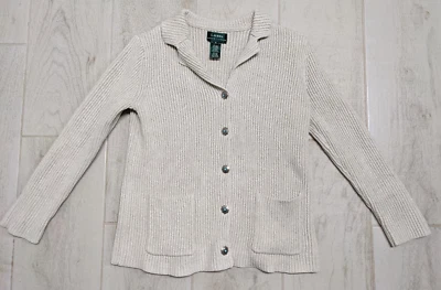 Ralph Lauren M Cárdigan Mediano Suéter Acanalado Seda Lino Beige Western Concho Foto 1 de 4