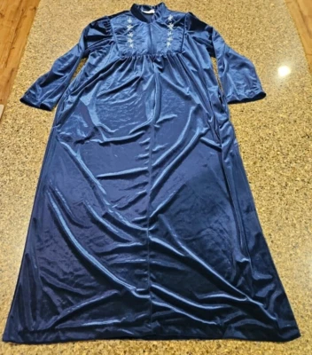 Saybury Velour Robe Embroidered Retro House Dress Women’s M Blue Vintage 1970’s - Image 1 of 4