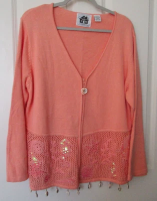 Storybook Knits Vintage Cardigan Sweater  1X Summer Sea Sequins Shells Zip Front - Image 1 of 4