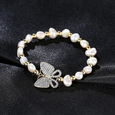 Brass Zircon Butterfly Pearl Elastic Bracelet Fashion Womens Gold Plated Jewelry - Image 1 of 4