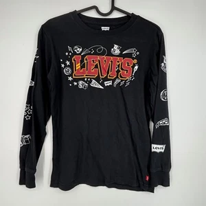 Levi's Boys Medium Long Sleeve T-Shirt Black Graphic Print Logo Camera Pizza - Picture 1 of 8