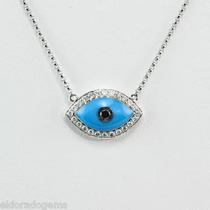 HALSKETTE - TÜRKIS & 0,75 CT. HALO DIAMANT EVIL EYE ANHÄNGER 14K WEISSGOLD 16" - Bild 1 von 7