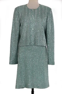 St John Knits Tinsel Skirt Suit Julep Silver Size 10 MSRP $2390 - Picture 1 of 9