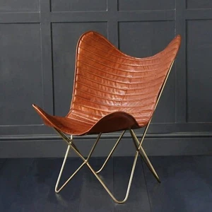 Brown Leather Hand Stitch Leather Butterfly Chair Boho Home With Iron FRAME - Picture 1 of 5