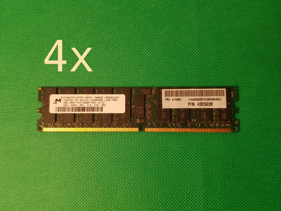 4x 4GB LOT (16GB) DDR2 667 ECC REG RAM Micron 2RX4 PC2-5300P-555-12-ZZ 43X5028 - Image 1 of 1