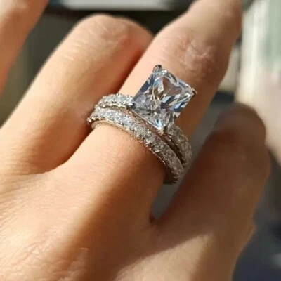 11.5 Ct D/FL Radiant Cut Moissanite 14K White Gold Fn Bridal Engagement Ring Set - Image 1 of 4