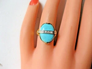 ANTIQUE 10K 2-tone YELLOW GOLD RING:NATURAL PERSIAN TURQUOISE & DIAMONDS,DECO - Picture 1 of 7