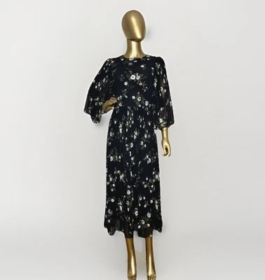 H&M Women’s Chiffon Pleated Floral Midi Maxi Dress Long Sleeve Black ~ Size 6 - Image 1 of 4