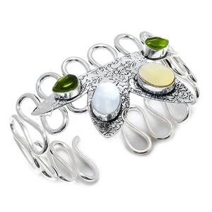 Mother Of Pearl, Peridot Gemstone 925 Sterling Silver Cuff Bracelet Adjustable - Picture 1 of 5