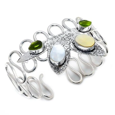 Mother Of Pearl, Peridot Gemstone 925 Sterling Silver Cuff Bracelet Adjustable - Image 1 of 4