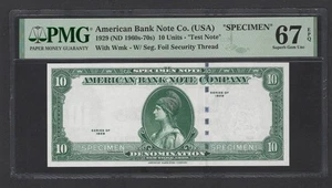 American Bank ABNC 10 Units 1929(ND1960s-70) Test Note Specimen UNC Grade 67 - Picture 1 of 2