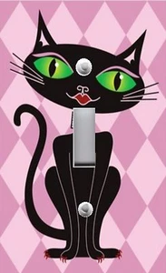 Light Switch Plate Outlet Covers RETRO CAT WEARING DIAMOND COLLAR ON HARLEQUIN - Picture 1 of 26