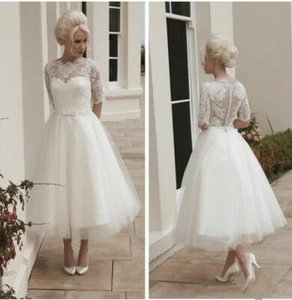 Vintage Tea-Length Beach Wedding Dress Lace Bridal Gown with Half Sleeves 2 4 6+ - Picture 1 of 5