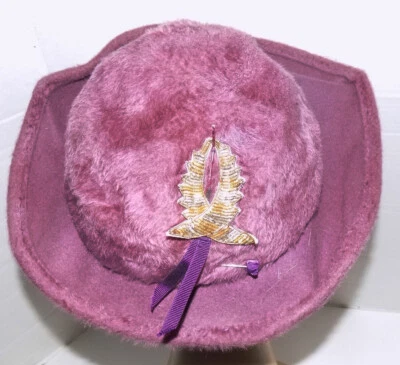 Vintage Purple Fuzzy Wool Brimmed Hat Adolfo Austria Metallic Applique - Image 1 of 4