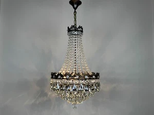 Antique / Vntge French Brass & Crystals Chandelier Glass Lamp Lighting Fixtures - Picture 1 of 12