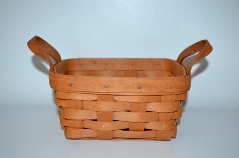 Longaberger Vintage 1991 Small Key Basket w/ Protector 2 Leather Handles Cover