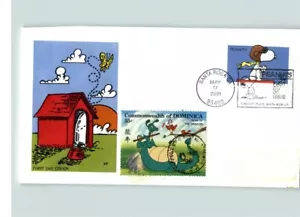SNOOPY, Peanuts character, pic Red Doghouse + Dominica stamp, 2001 First Day of - Picture 1 of 1