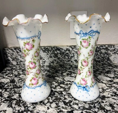 2 Fenton/Consolidated Regent Charleton Vase Bow Roses 10 1/2" FREE USA SHIPPING - Image 1 of 4