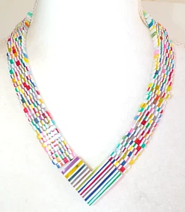 Sobral Candy Pop Ploc White & Bright Stripes Beads Artist Made Necklace - Picture 1 of 5
