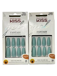 2 Pack Kiss Gel Fantasy Press-On Faux Long Nails #79956 KGFZ02 - Teal Coffin - Picture 1 of 4