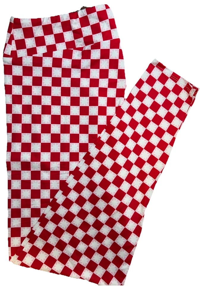 NUEVO CON ETIQUETAS OS LuLaRoe Vacaciones Rojo y Blanco Cuadros Vacaciones Leggings con Estrellas Talla 8-10 Foto 1 de 4