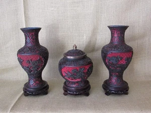 3 Vintage Matching Chinese Carved Red/Black Cinnabar Lacquer Vases & Ginger Jar - Picture 1 of 22