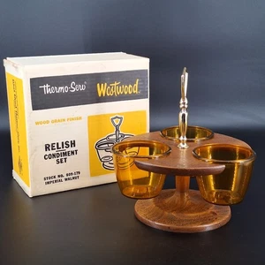 Vtg Wooden Condiment Serving Set 3 Amber Acrylic Bowls Cups Stand MCM - Picture 1 of 17