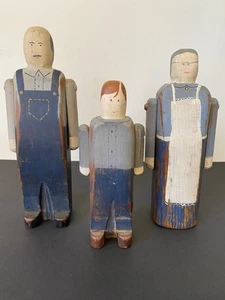 3 Folk Art Wolf Creek Carved Wood Figures, Signed - Picture 1 of 8