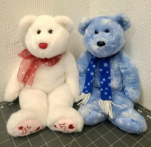 2 TY Bears Beanie Buddies VTG Blue Snowflake Scarf & White Lots Of Love Hearts - Picture 1 of 21