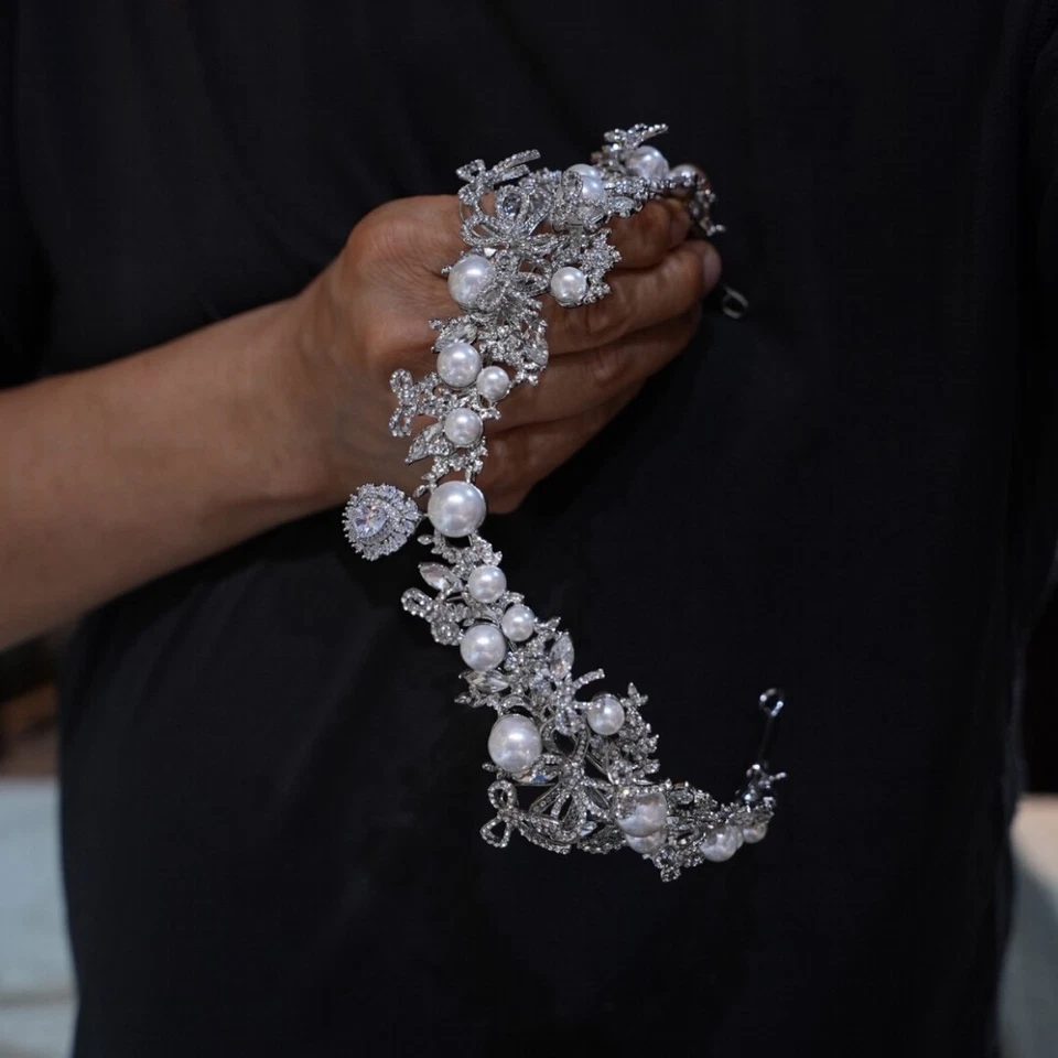 Princesa Lindas Perlas Cristal Novia Tiaras Coronas Boda Circón Tocado Foto 1 de 4