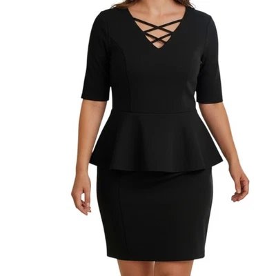 CHARLOTTE RUSSE Black V Neck Short Sleeve Criss Cross Dress - size 1X - Image 1 of 4