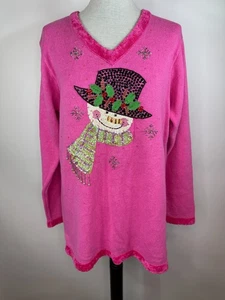 Quacker Factory Pink Snowman Face Sequined Beaded Knit Tunic Sweater Size M - Picture 1 of 10