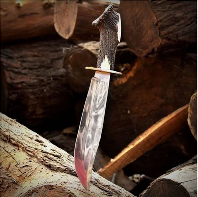 Cuchillo Bowie de caza de acero forjado hecho a mano personalizado corona cuerno de ciervo mango funda Foto 1 de 4