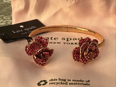 Kate Spade 3D Red Rose Scarlett Blooms Pave Hinge Cuff Bracelet  With Dust Bag - Image 1 of 4