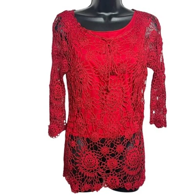 VTG RED CROCHET SWEATER 90s Y2K BOHO WESTERN COTTAGE WHIMSIGOTH FAIRY S JOSEPH A — 第 1/4 张图片
