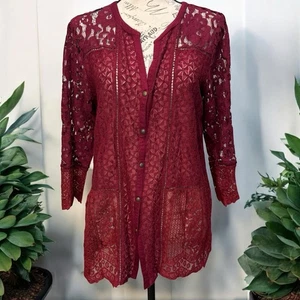 Lucky Brand Maroon Button Down Lace Crochet Blouse Top Size Large Women’s - Picture 1 of 7