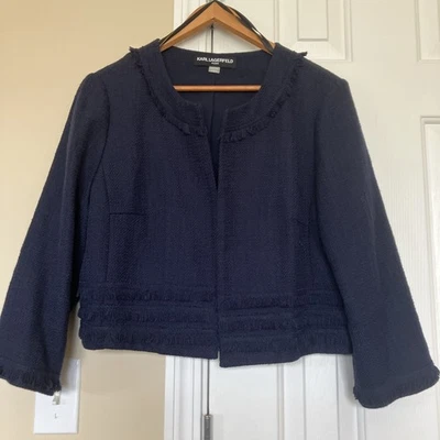 Mujer Karl Lagerfeld Chaqueta Paris XL AZUL MARINO Blazer Corto Frente Abierto Tweed Flecos Foto 1 de 4