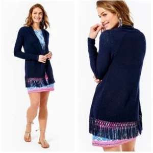 Lilly Pulitzer Tatum Navy Cotton Long Cardigan Open Knit Fringe Hem Sz M - Picture 1 of 15