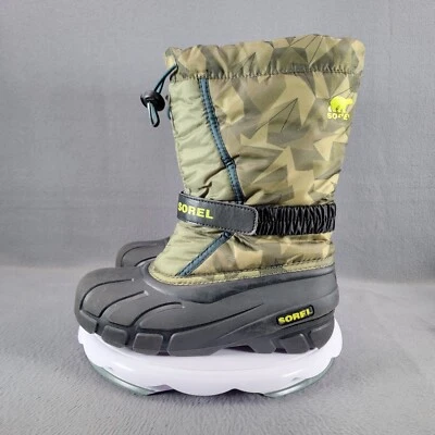 Youth Size 5 Or Womens 7 - Sorel Flurry Print Green/Black Winter Snow Boots - Image 1 of 4