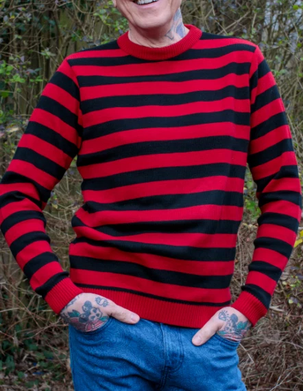 MENS NEW run & fly retro emo indie vintage style black & red striped jumper