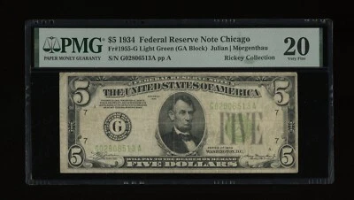 DBR 1934 $5 LGS FRN Chicago Fr. 1955-Glgs PMG VF-20 Serial G02806513A - Image 1 of 2
