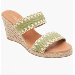Andre assous wedge sandals slide raffia womens 10 open toe green - Picture 1 of 11
