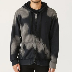 True Religion Black Bleach Dye Hoodie Frayed Details Front Pockets Mens Medium - Picture 1 of 16