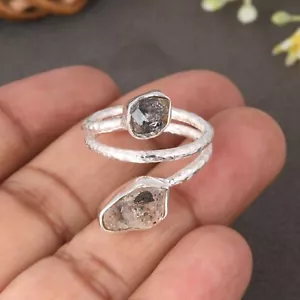 Genuine Spiral Band Adjustable Ring With Sterling Silver Raw Herkimer Diamond - Picture 1 of 10