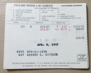 11 Vintage PACKARD MOTOR CAR CO Semi-Weekly Pay Stubs: From April-August 1947 - Picture 1 of 2