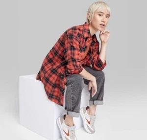 Wild Fable Oversized Flannel Button-Down Shirt Womens Medium Long Sleeve Plaid - Picture 1 of 10